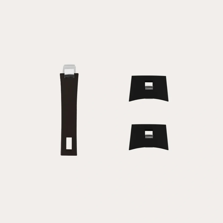 Set of three matte black cabinet handles with silver rectangular accents, including one long vertical handle and two shorter curved rectangular handles, shown on a white background.
