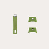 Set of three matte olive green cabinet handles with square cut-out accents and silver metal clips, shown on a light background in varied shapes and sizes.