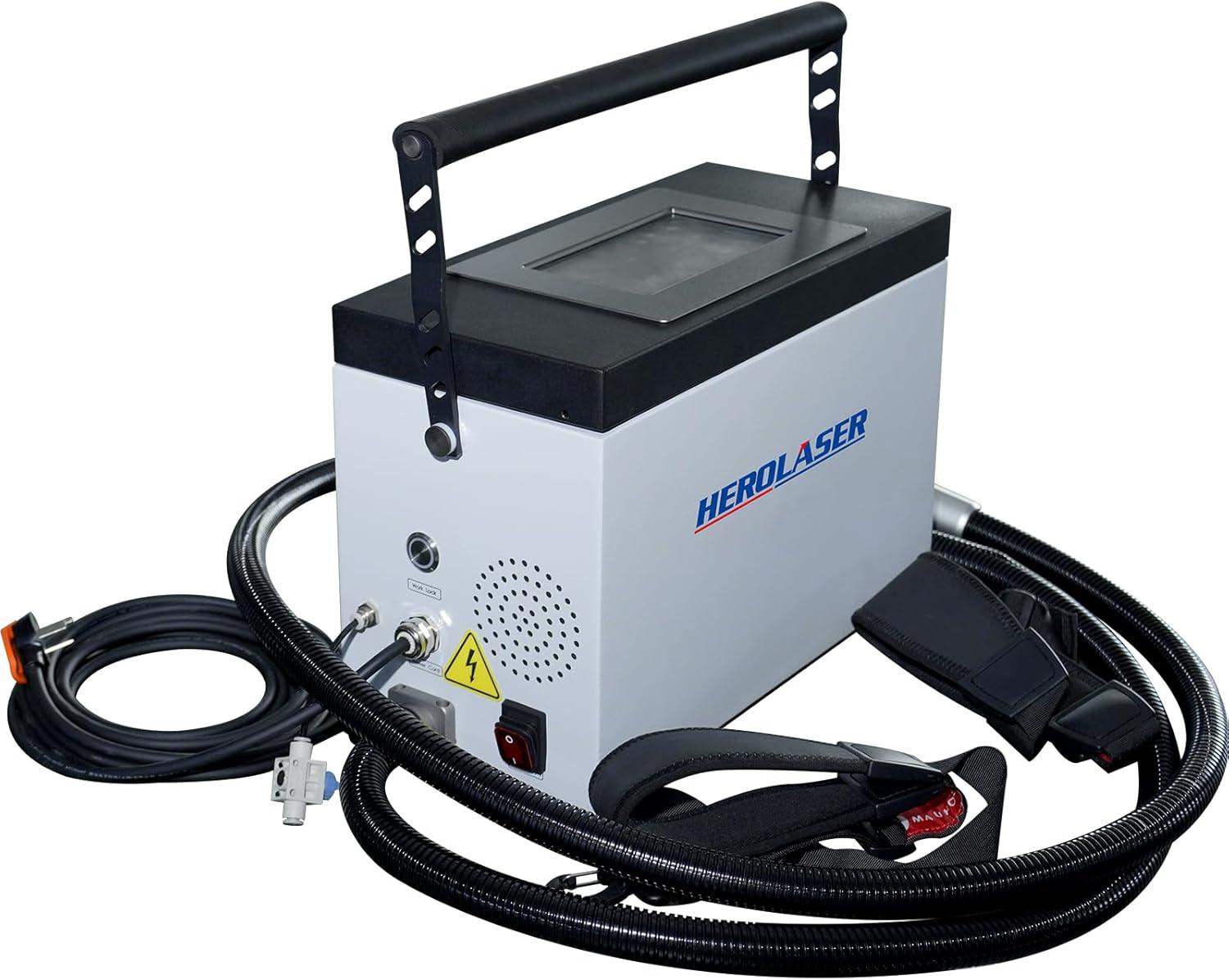 Herolaser 100W Portable Laser Cleaning Machine handheld tool displaying laser cleaning in action on metal surface