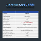 Parameters table detailing specifications of a 100W/200W portable laser cleaning machine including laser power, scanning speed, cooling mode, and equipment standards.