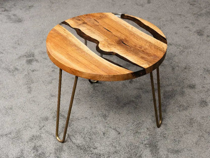Round walnut wood side table with clear epoxy resin and straight edges