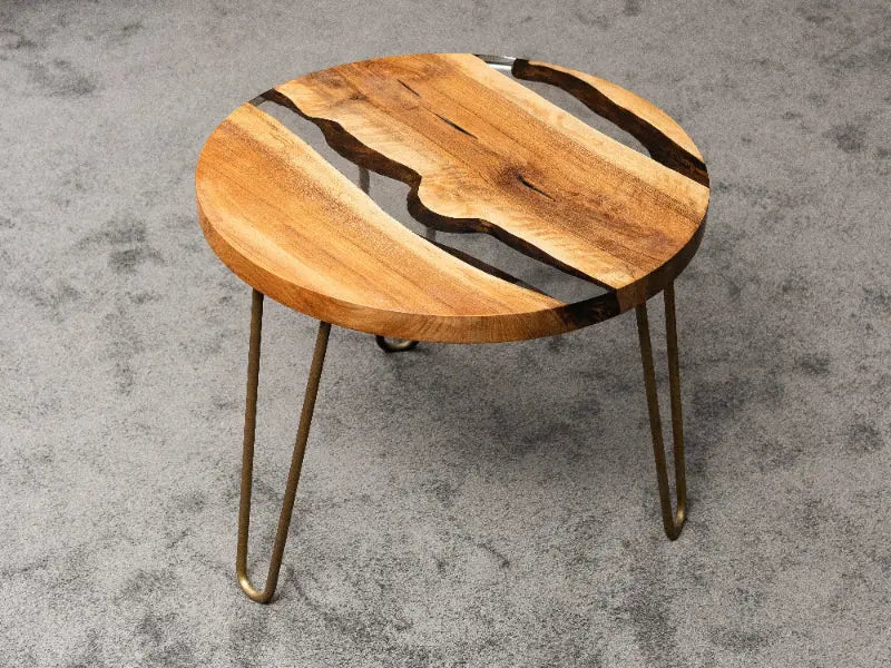 Round walnut wood side table with clear epoxy resin and straight edges