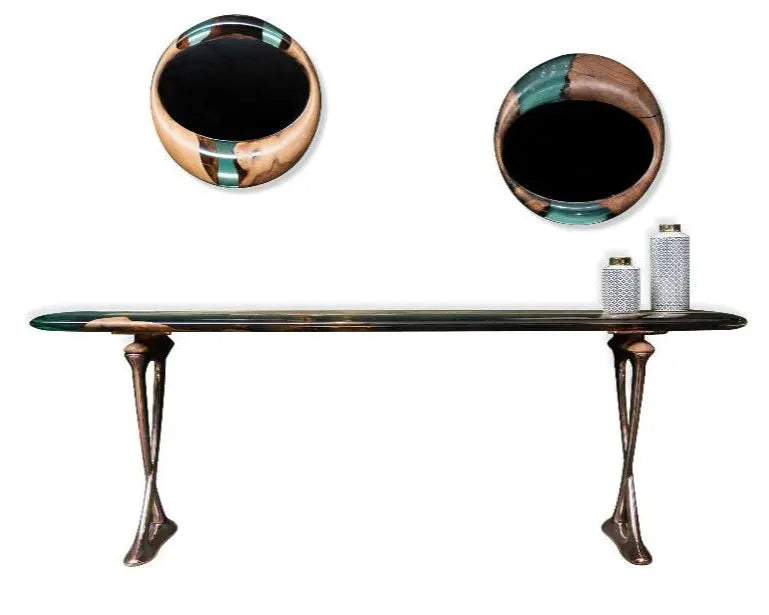 Handcrafted resin console table with walnut wood and epoxy resin top, featuring rose gold aluminum legs from Osso Collection