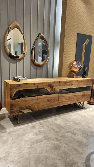Wood and resin dining room buffet and sideboard table made of walnut from the Voronoi Collection