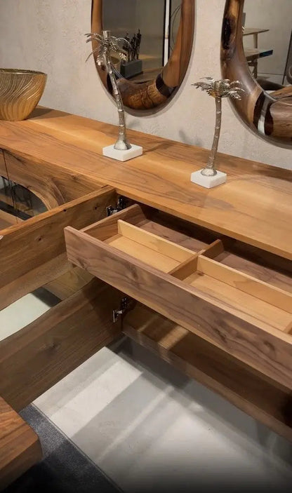 Wood and resin dining room buffet and sideboard table made of walnut from the Voronoi Collection