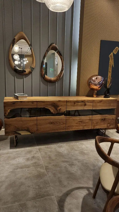 Wood and resin dining room buffet and sideboard table made of walnut from the Voronoi Collection