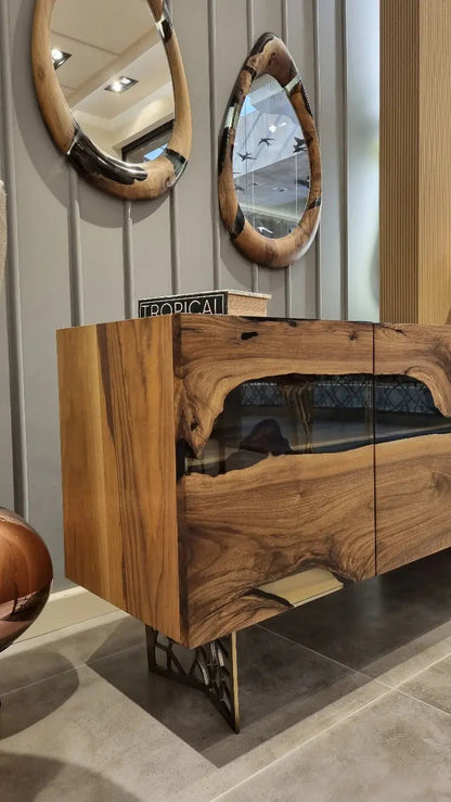 Wood and resin dining room buffet and sideboard table made of walnut from the Voronoi Collection