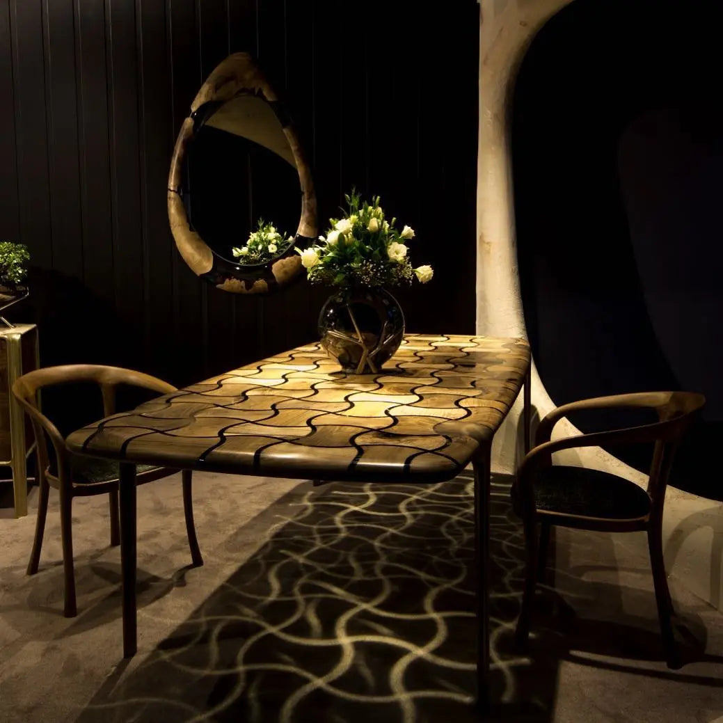 Patch Epoxy Resin Dining Table made of aged walnut wood with aluminum legs