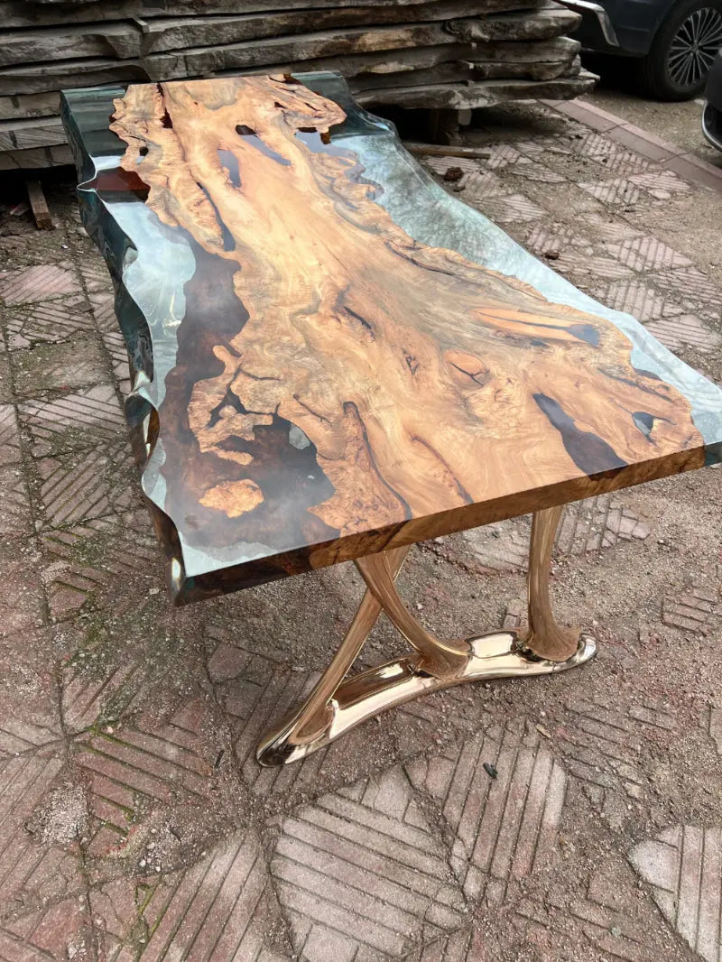 Natural epoxy resin dining table with Linden wood top and gold aluminum legs