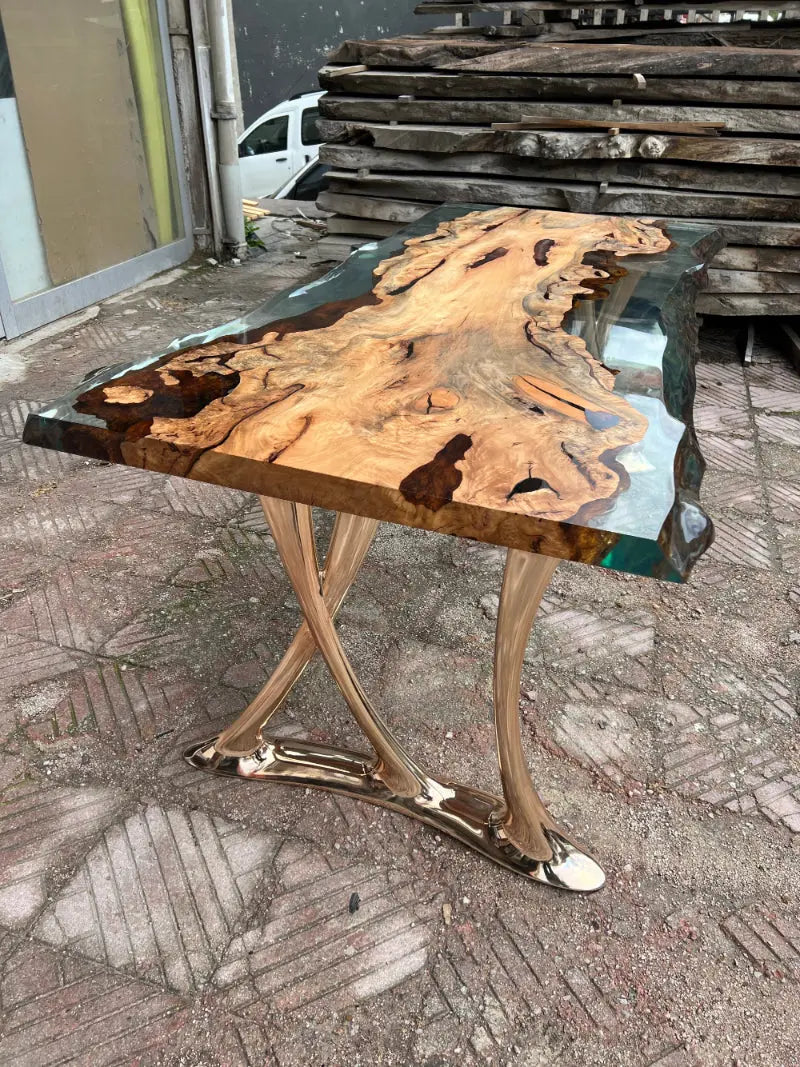Natural epoxy resin dining table with Linden wood top and gold aluminum legs