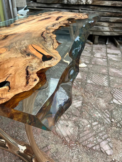 Natural epoxy resin dining table with Linden wood top and gold aluminum legs