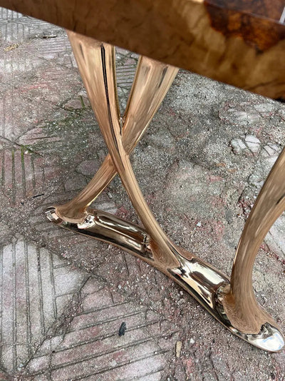 Natural epoxy resin dining table with Linden wood top and gold aluminum legs
