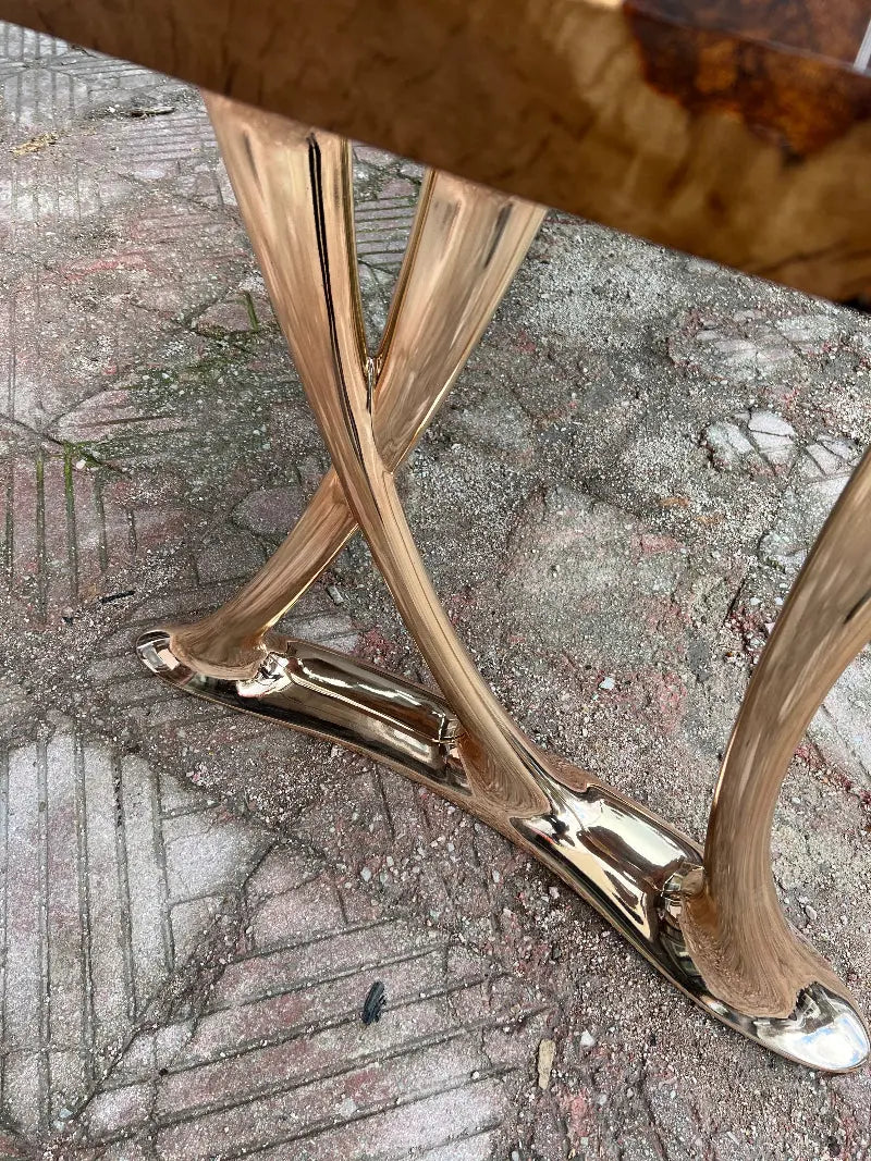 Natural epoxy resin dining table with Linden wood top and gold aluminum legs