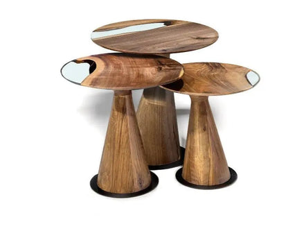 Set of three Resin Nesting Tables with zigzag epoxy and wood design in walnut and chestnut finishes