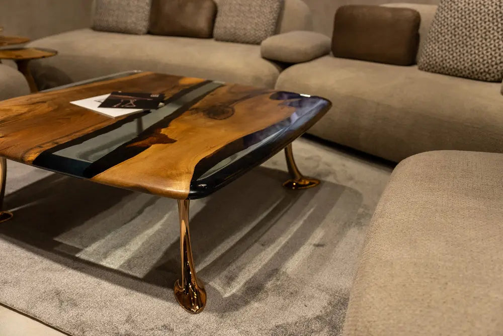 Luxury Epoxy Resin River Walnut Coffee Table with aluminum cast legs from the Osso Collection