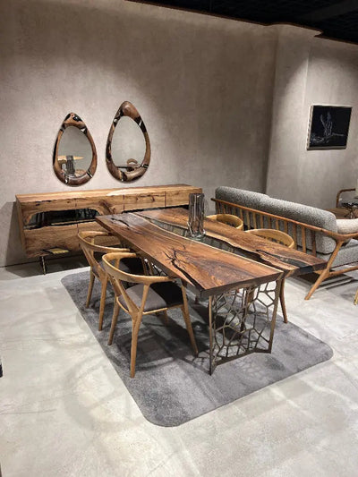 Resin Walnut River Dining Room Table with Voronoi epoxy resin river and laser-cut metal legs