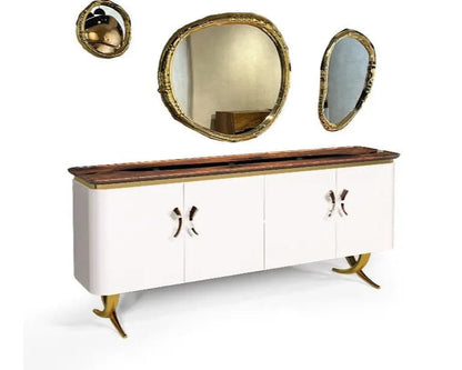 Modern resin and walnut credenza with aluminum legs in a stylish living room setting
