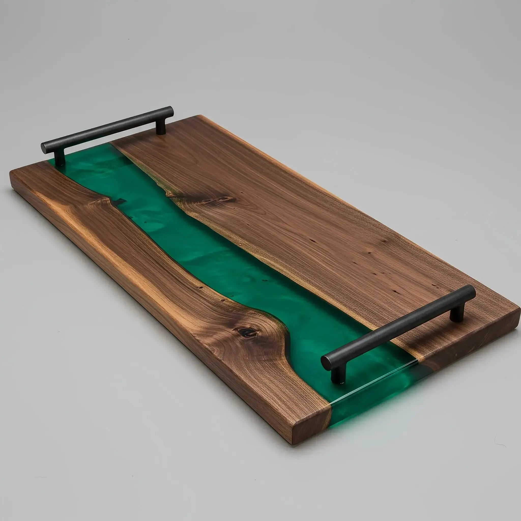charcuterie board, 18 inches by 9 inches, made from live edge black walnut wood with a deep, glossy emerald green epoxy river flowing through the center. The resin is rich, translucent, and jewel-toned—resembling deep emerald or forest green—emphasizing the natural curves of the wood. The board has a smooth, polished finish with dark brown walnut grain.