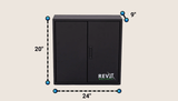 Compact black rectangular water filtration system with two doors, a central handle, and the 'RevX Wellness' logo on the bottom right, measuring 24" wide, 20" high, and 9" deep.