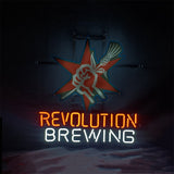 Neon sign with a red star and a raised fist holding wheat, reading 'REVOLUTION' in orange and 'BREWING' in white below on a dark background.
