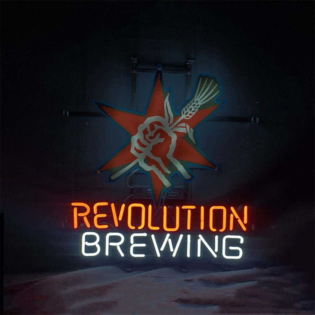 Neon sign with a red star and a raised fist holding wheat, reading 'REVOLUTION' in orange and 'BREWING' in white below on a dark background.