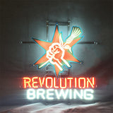 Neon sign with red star background, white fist holding a wheat stalk, and glowing text 'REVOLUTION BREWING' in red and white colors on a dark wall.