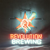 Revolution Brewing Beer Neon Signs Light glowing in amber and white colors on backing with metal chain for hanging