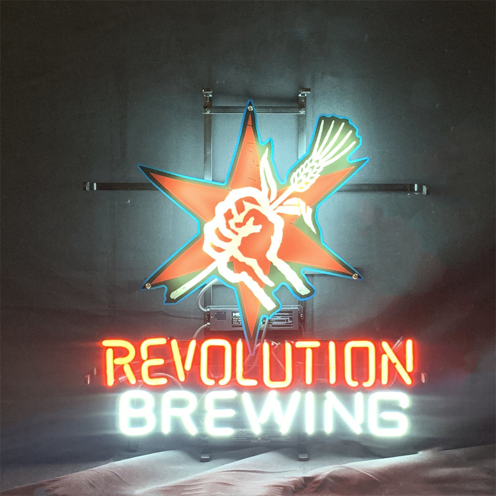 Revolution Brewing Beer Neon Signs Light glowing in amber and white colors on backing with metal chain for hanging