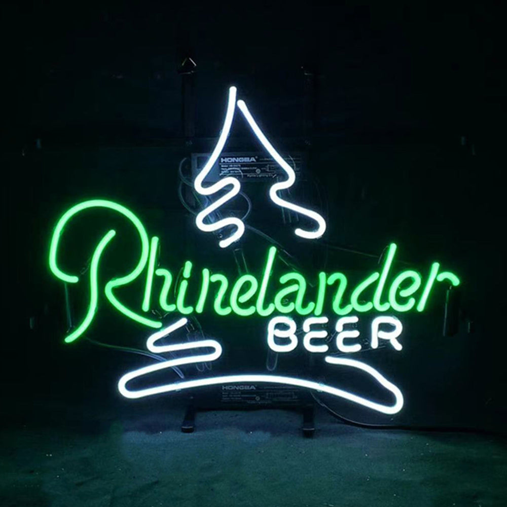 Rhinelander Beer with Tree Neon Sign Light glowing against a dark wall