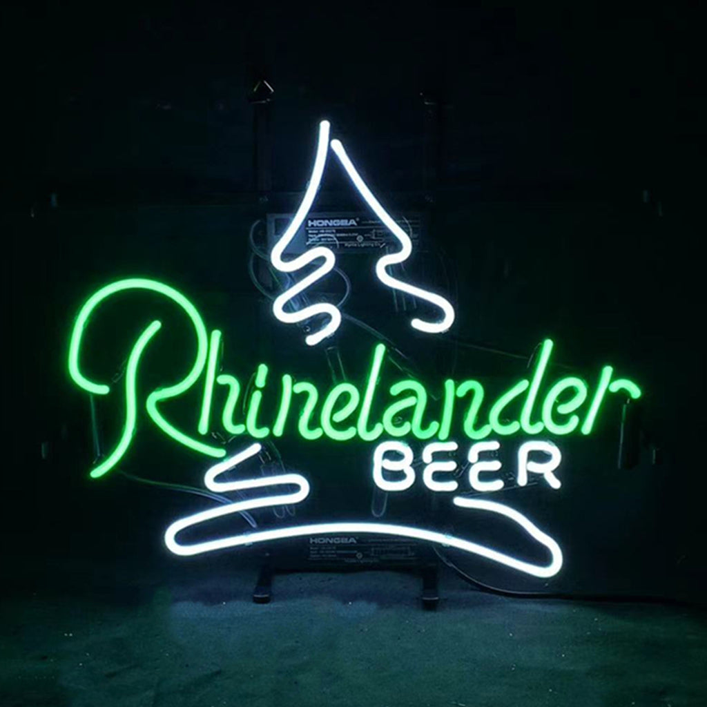 Rhinelander Beer with Tree Neon Sign Light glowing against a dark wall