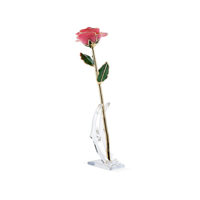 Rich Pink Timeless Rose preserved under crystal glass dome with 24K gold coating