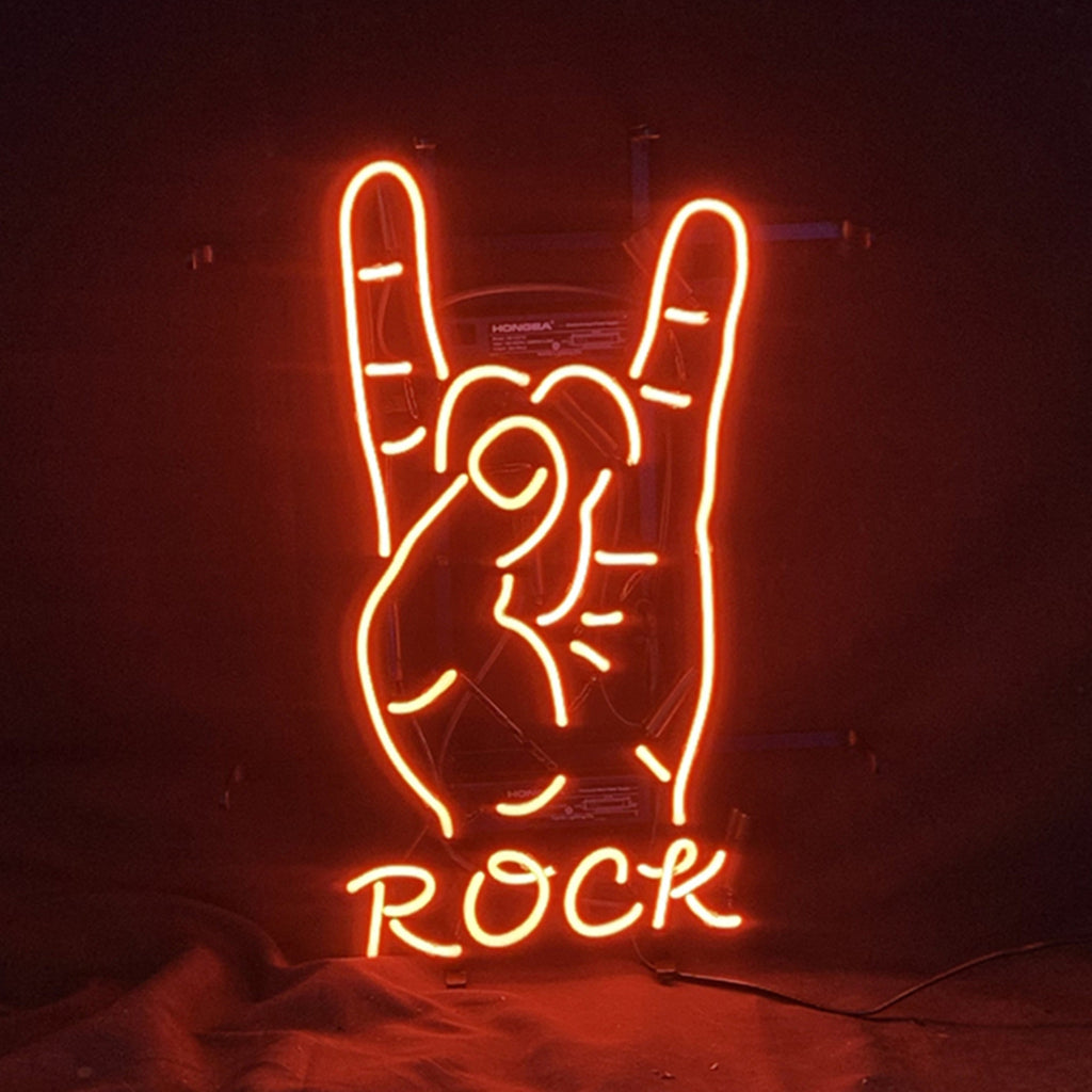 Rock Hand Neon Light Sign glowing with green neon light, mounted on a metal grid backing