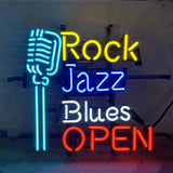 Neon sign featuring a turquoise vintage microphone to the left with the words 'Rock' in yellow, 'Jazz' in blue, 'Blues' in white, and 'OPEN' in red stacked vertically on a dark background.