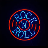 Circular neon sign with the words 'ROCK N ROLL' in blue inside a red ring, with red dashes on each side on a dark background.
