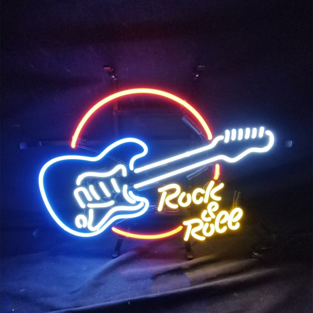 Rock&Roll Guitar Neon Sign glowing in vibrant neon colors against a dark wall