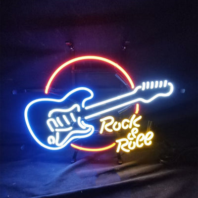 Rock&Roll Guitar Neon Sign glowing in vibrant neon colors against a dark wall
