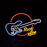 Neon sign featuring an electric guitar outlined in blue and white with a red semicircle behind it and yellow cursive text reading 'Rock & Roll' below the guitar neck.