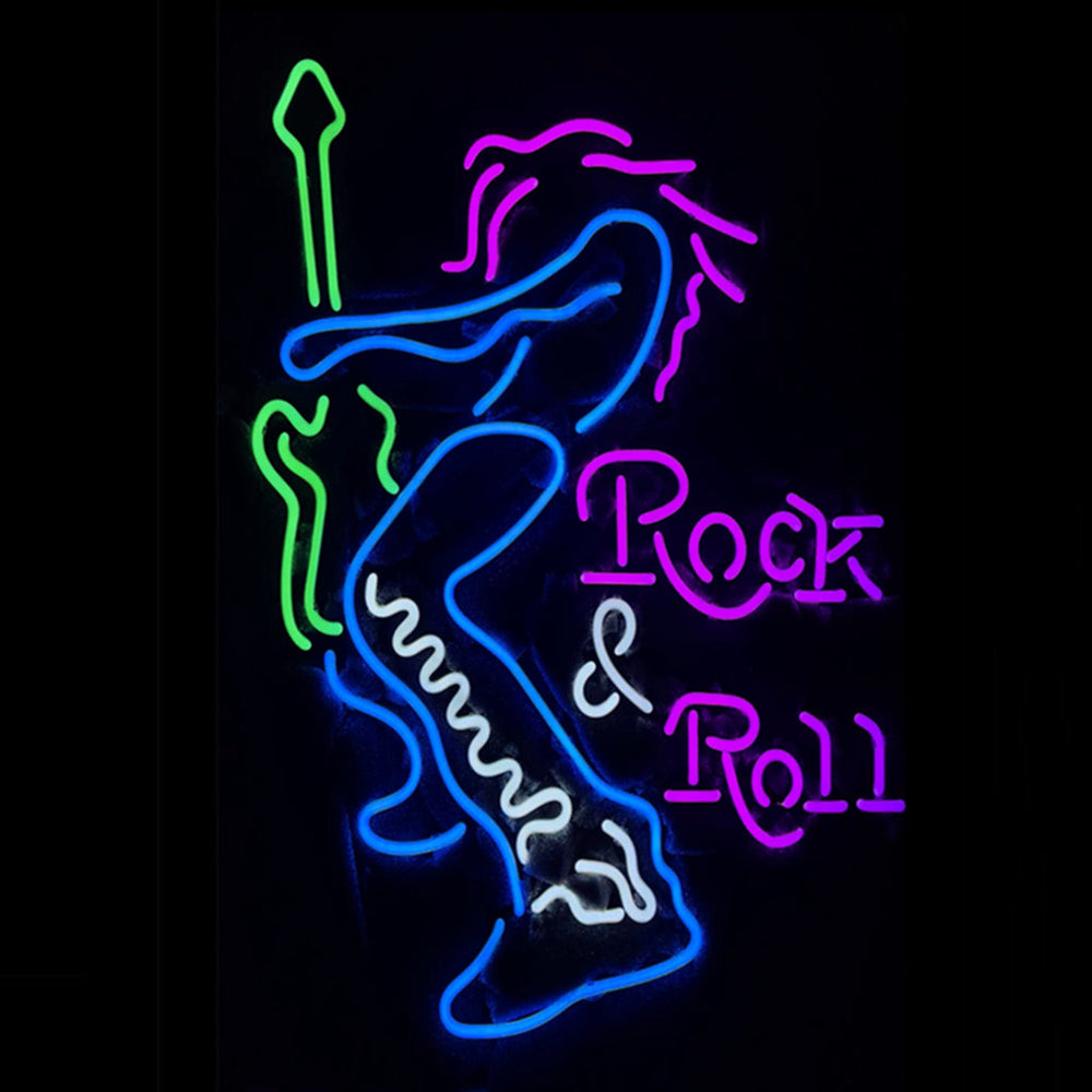 Neon sign of a blue guitar player with pink hair next to bright pink text reading "Rock & Roll" on black background.