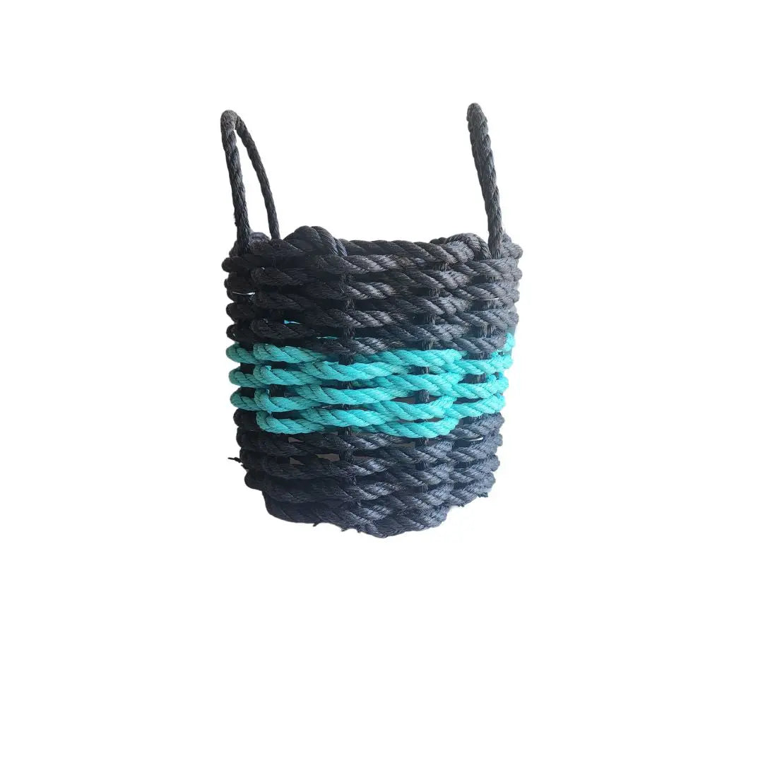Handmade black and teal rope storage basket by Little Salty Rope