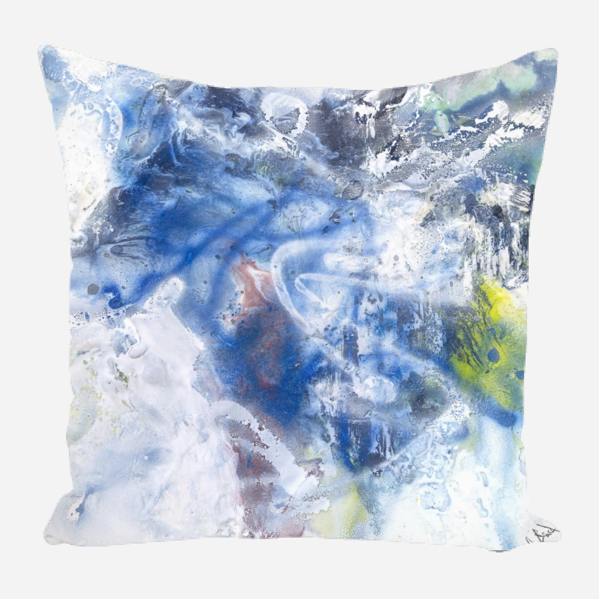 Square pillow with an abstract design featuring swirling blues, whites, and hints of yellow and green, creating a watercolor-like effect.