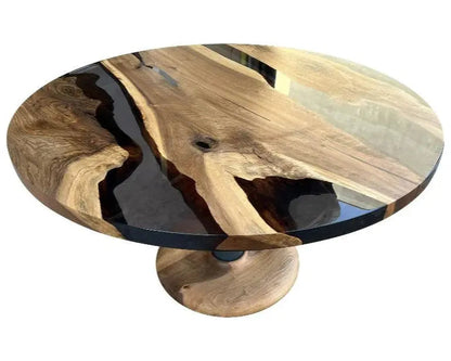 Custom round epoxy resin walnut dining table with wood and metal base