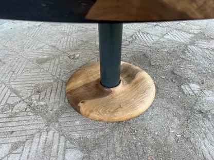 Custom round epoxy resin walnut dining table with wood and metal base