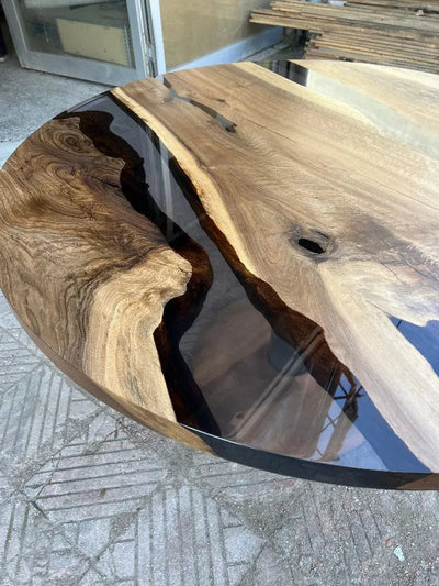 Custom round epoxy resin walnut dining table with wood and metal base