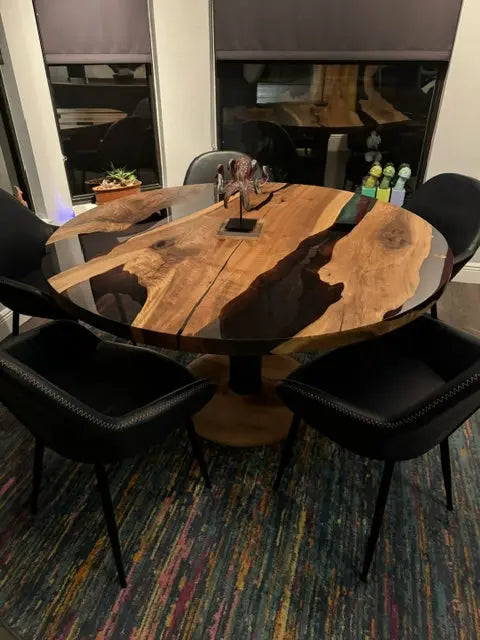 Custom round epoxy resin walnut dining table with wood and metal base