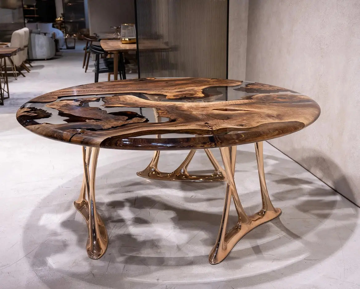 Luxury round walnut dining table with rose gold aluminum legs