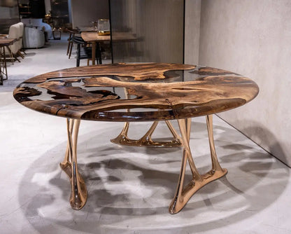 Luxury round walnut dining table with rose gold aluminum legs