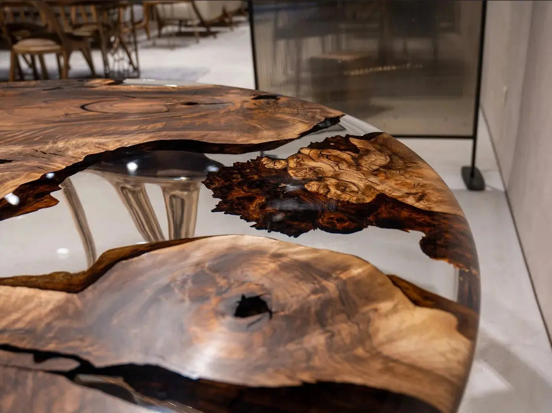 Luxury round walnut dining table with rose gold aluminum legs