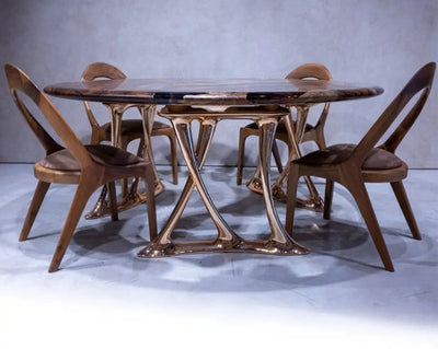 Luxury round walnut dining table with rose gold aluminum legs