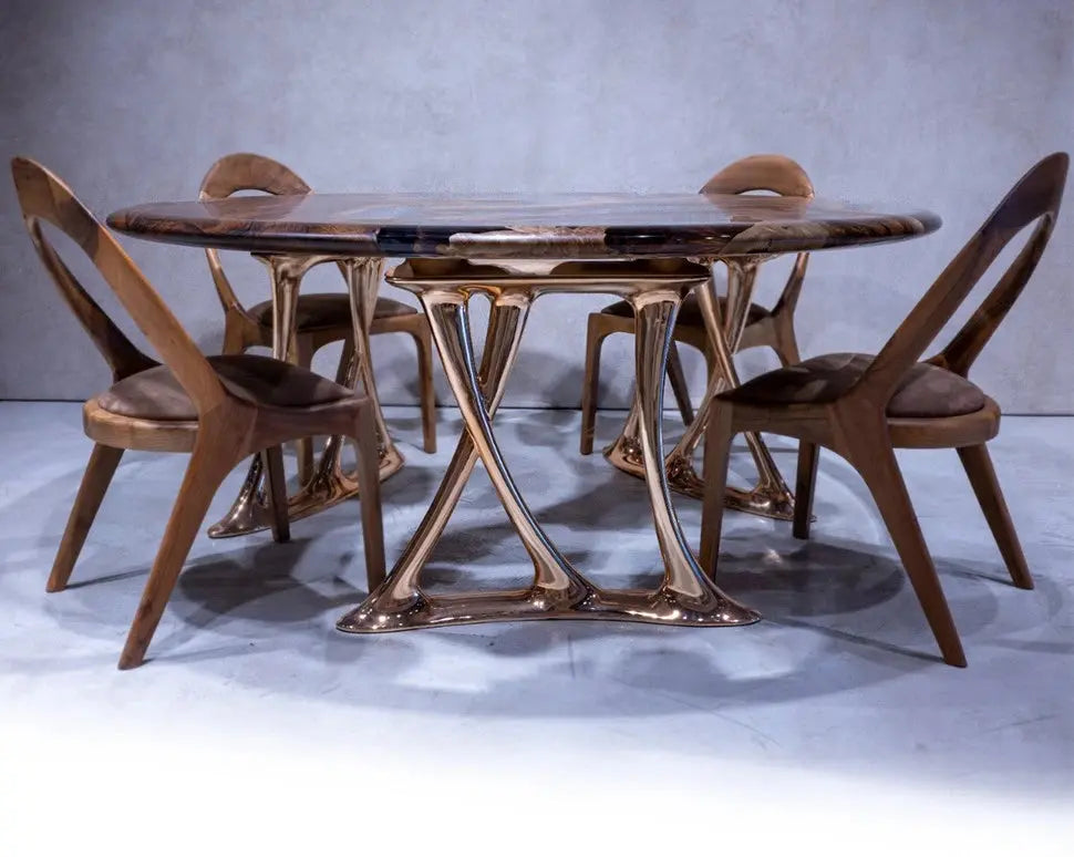Luxury round walnut dining table with rose gold aluminum legs