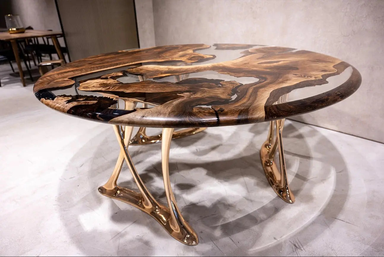 Luxury Round Walnut Dining Table with Rose Gold Aluminum Legs by Gizz - product image 3 for Resin Society